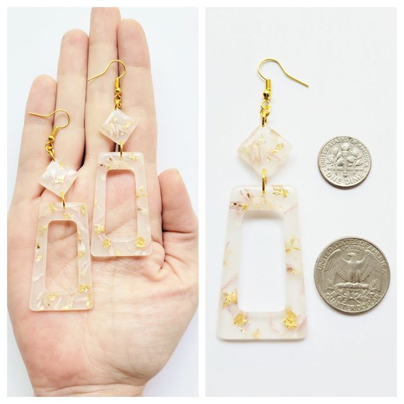 Statment Earrings Gold Pastel Pink Floral Milk Bath Handmade Geometric Dangle - Picture 8 of 11